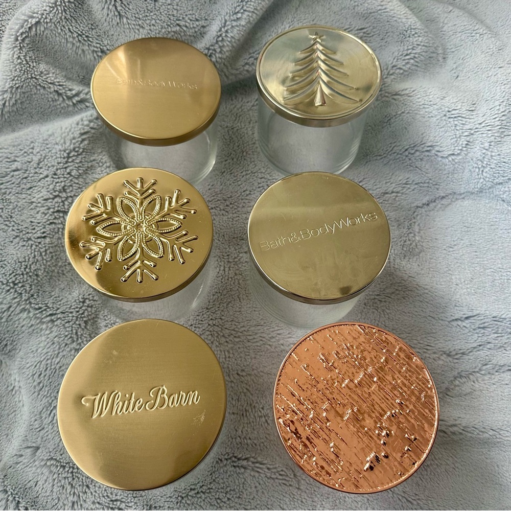 (6) Lot Empty Cleaned Bath & Body Works White Barn 3 Wick‎ Candle Jars with Lids